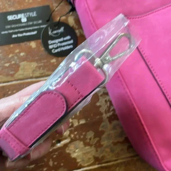 K Carroll May vegan suede crossbody, guitar/matching strap, RFID, Hot Pink NWT - Picture 4 of 5